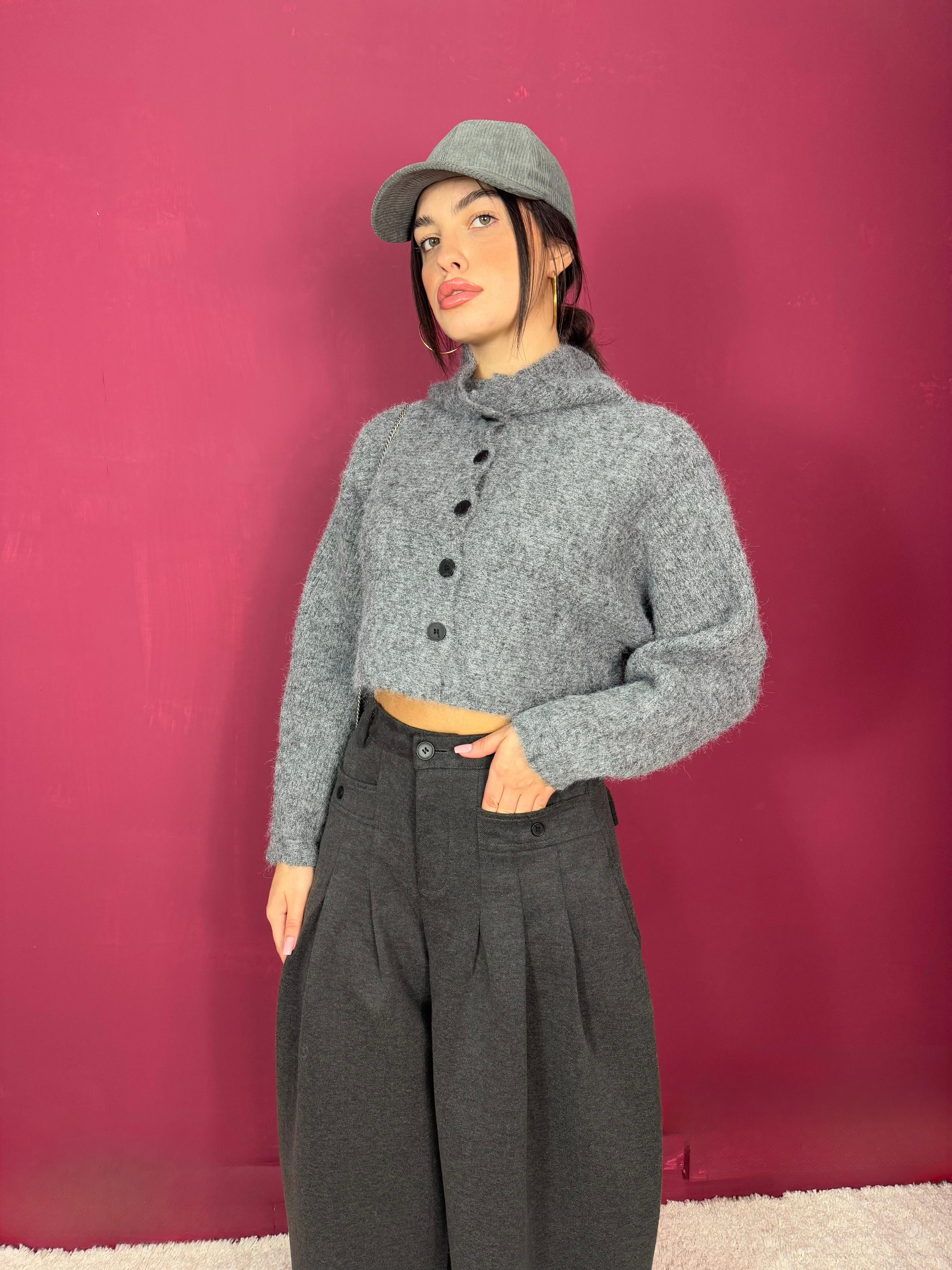 Pullover Crop Grigio Bottoni